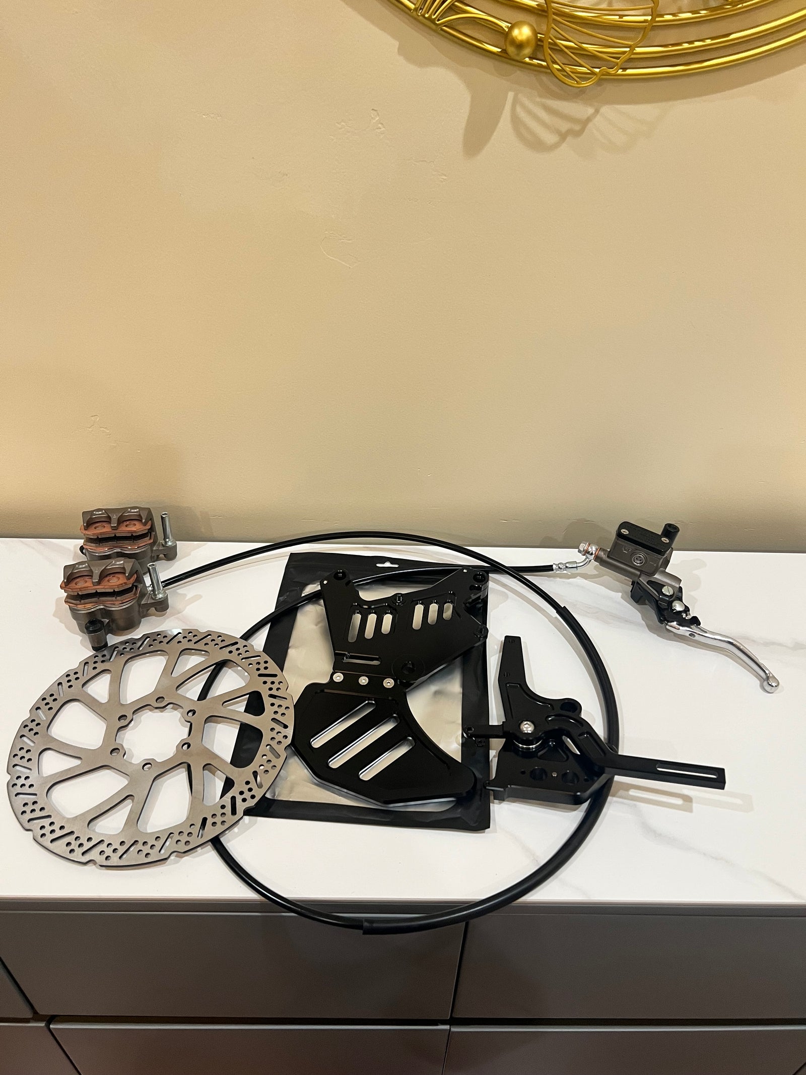 Complete electric moto hand and footbrake kit with dual calipers and rotor