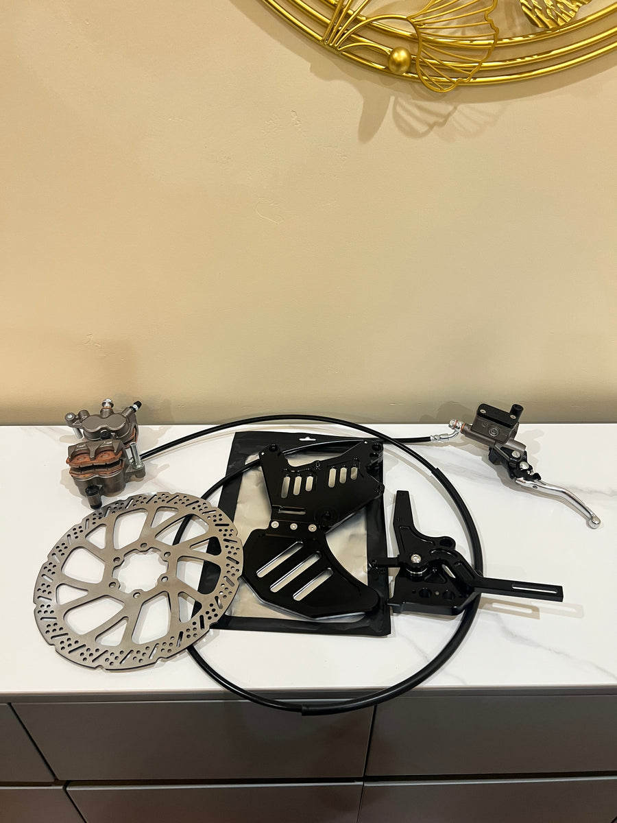 Electric moto hand and footbrake kit components with dual-caliper mount
