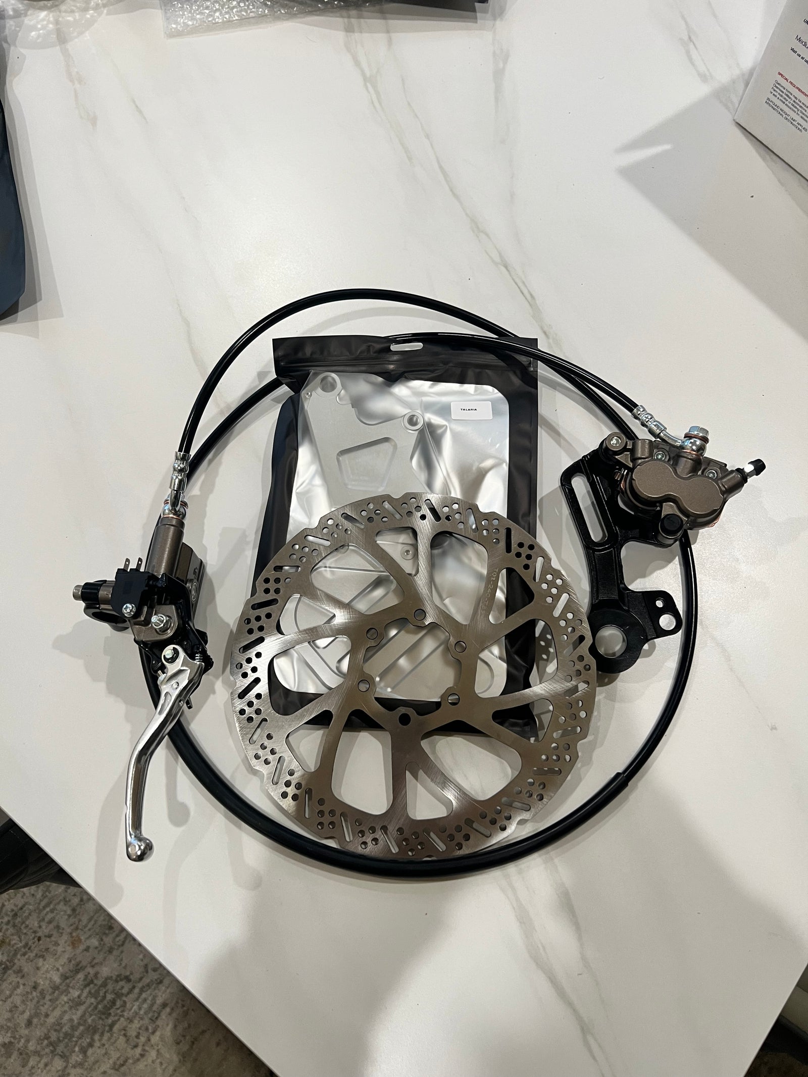 Silver Talaria single-caliper brake mount front view